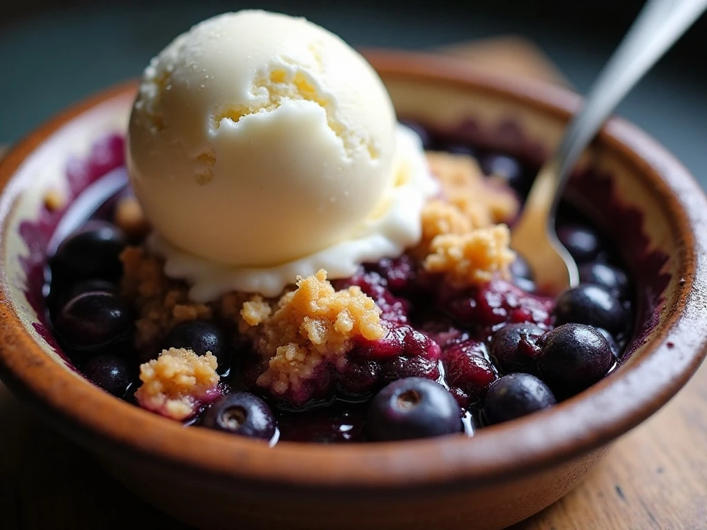 Warm homemade blueberry crisp with golden oat topping and vanilla ice cream