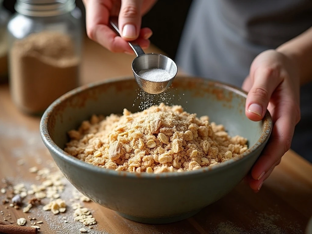 Preparing buttery oat topping for blueberry crisp