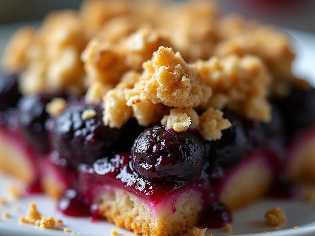 Close-up of crisp golden topping and bubbling blueberry filling