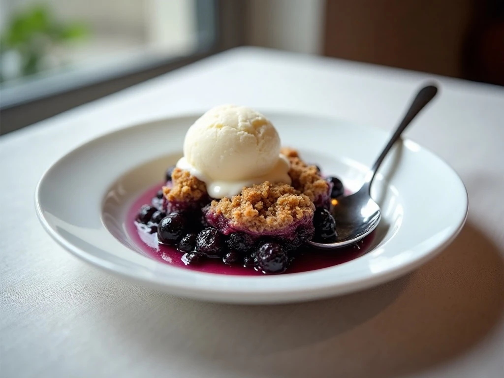 Blueberry crisp served warm with vanilla ice cream