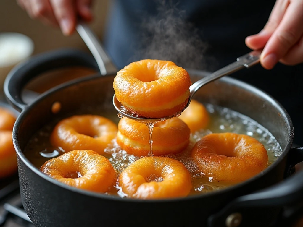 Malasadas frying until golden brown