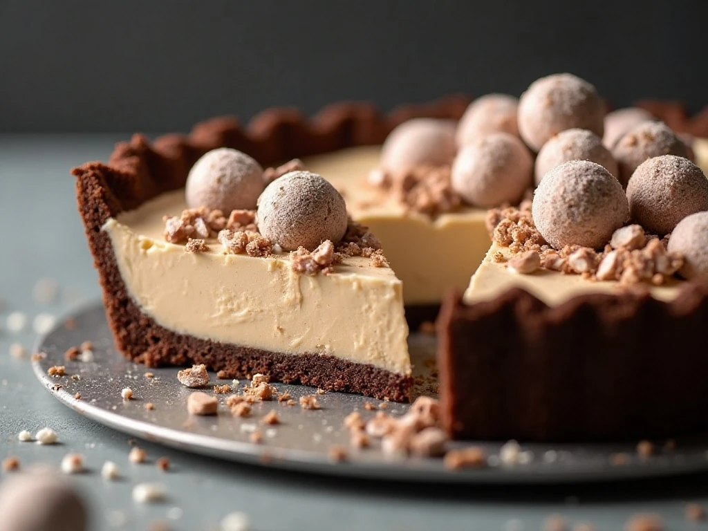 Whole malted milk ball pie with one creamy slice served beside it