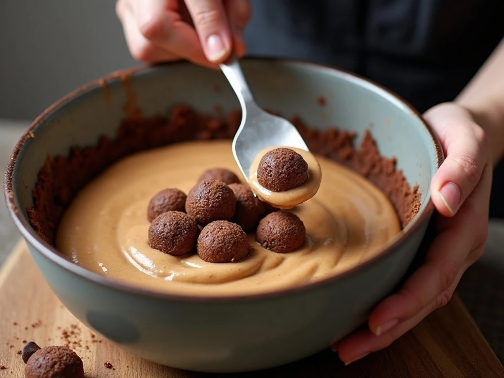 Folding chopped malted milk balls into creamy pie filling