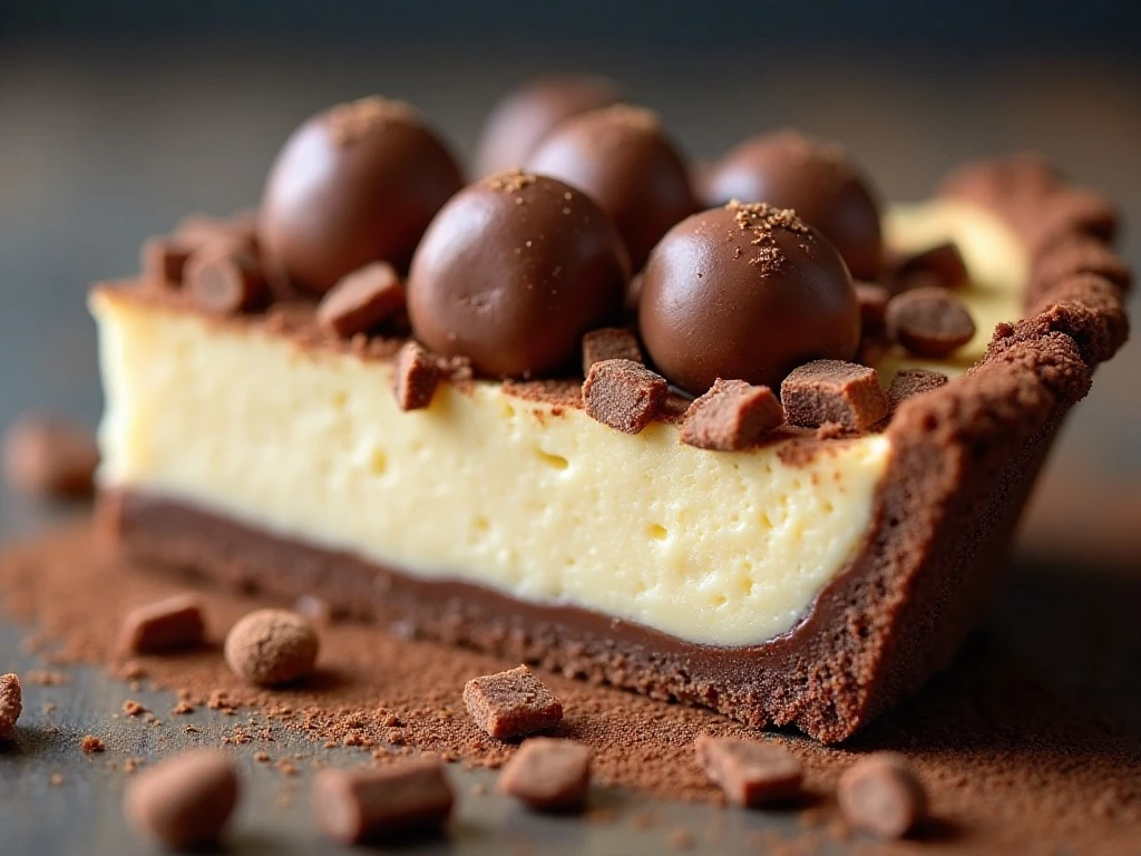 Close-up slice of malted milk ball pie with candy garnish
