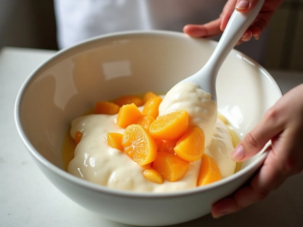 Gently folding mandarin orange segments into creamy pie filling