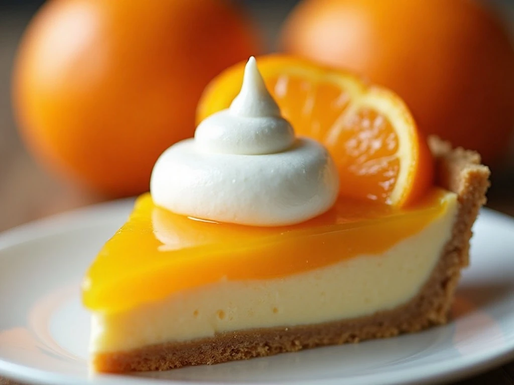 Mandarin Orange Pie slice with whipped cream and citrus garnish