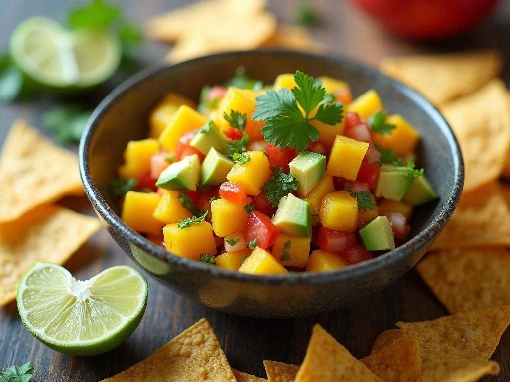 Colorful mango avocado salsa served with tortilla chips