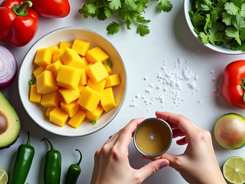 Fresh ingredients for mango avocado salsa