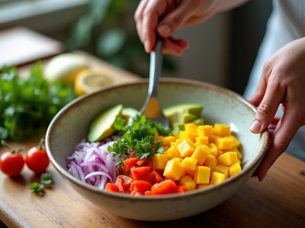 Preparing mango avocado salsa ingredients in a bowl
