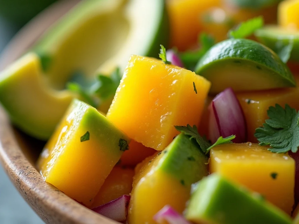 Close-up of chunky mango avocado salsa texture