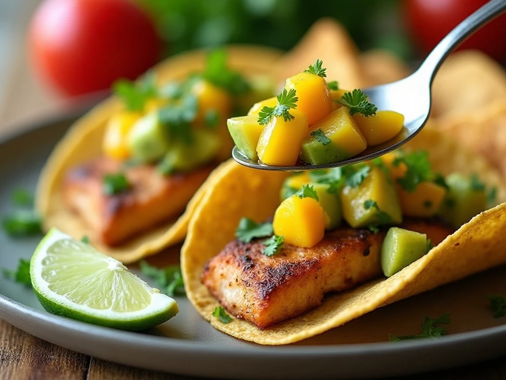 Mango avocado salsa served with tacos and tortilla chips