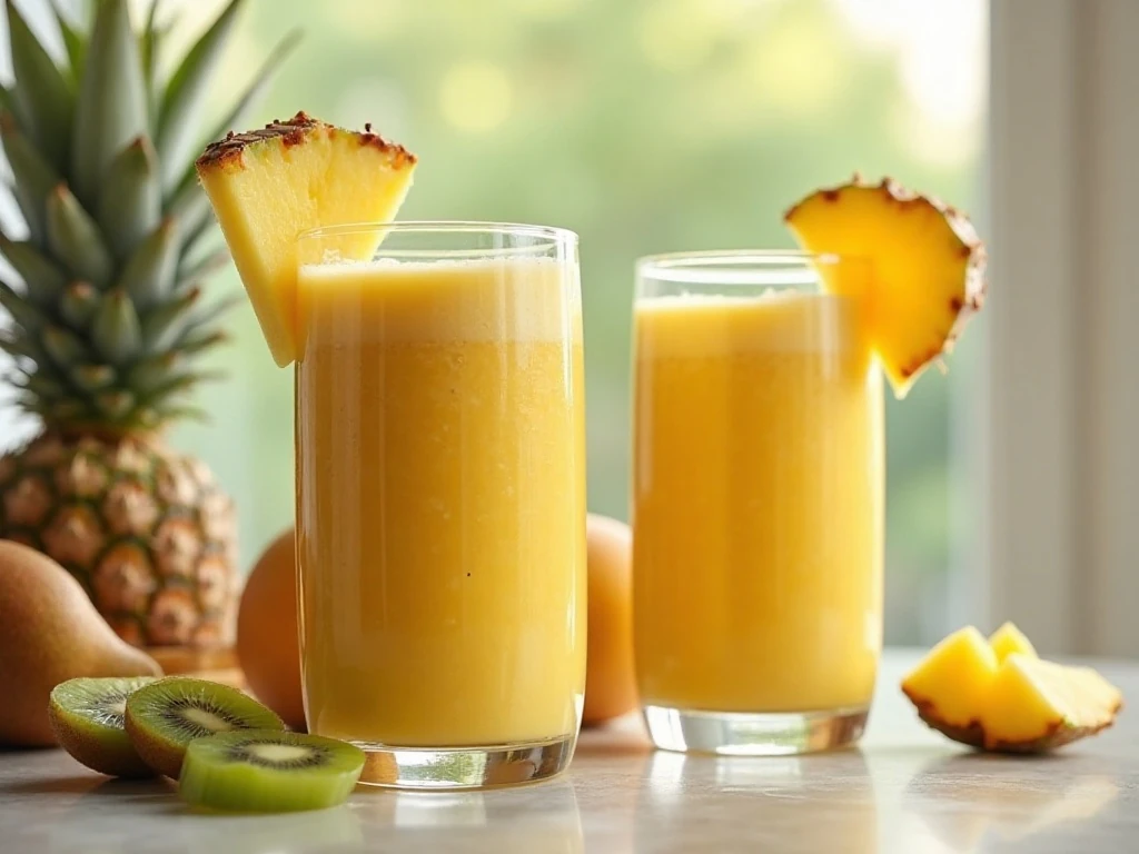 Two glasses of mango pineapple kiwi smoothie ready to serve