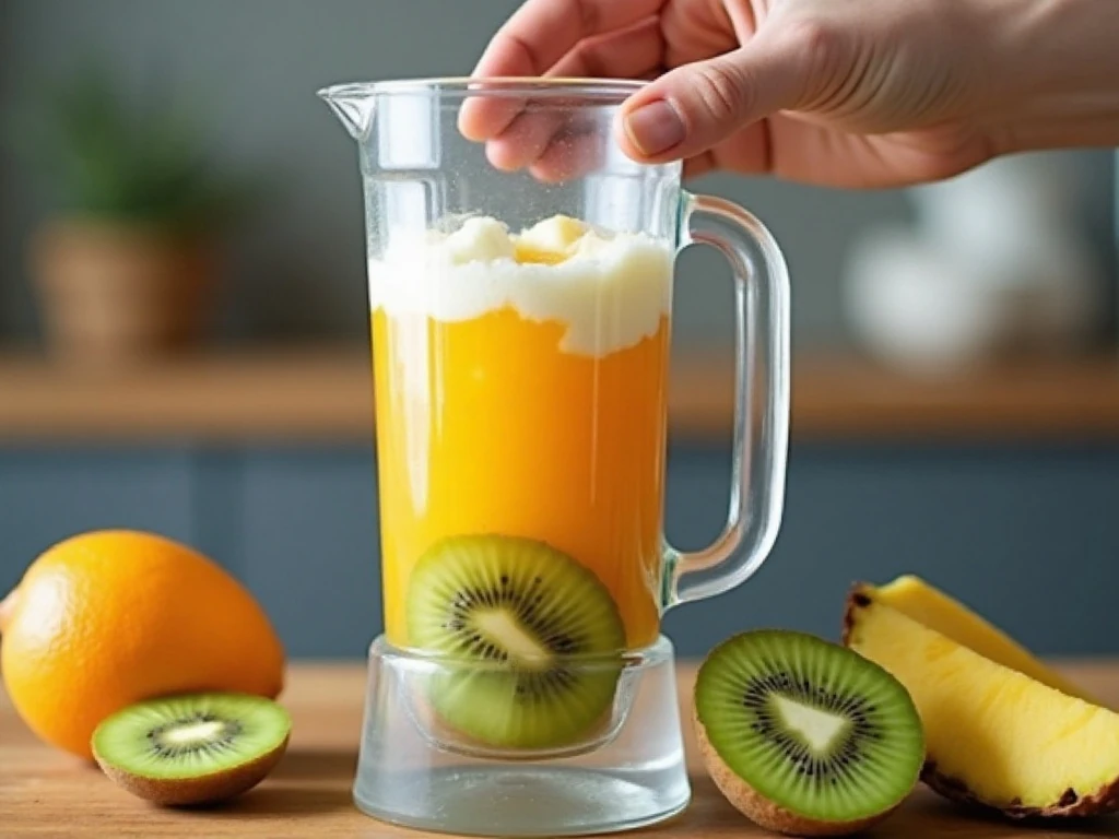 Fruit and yogurt being prepared for a tropical smoothie