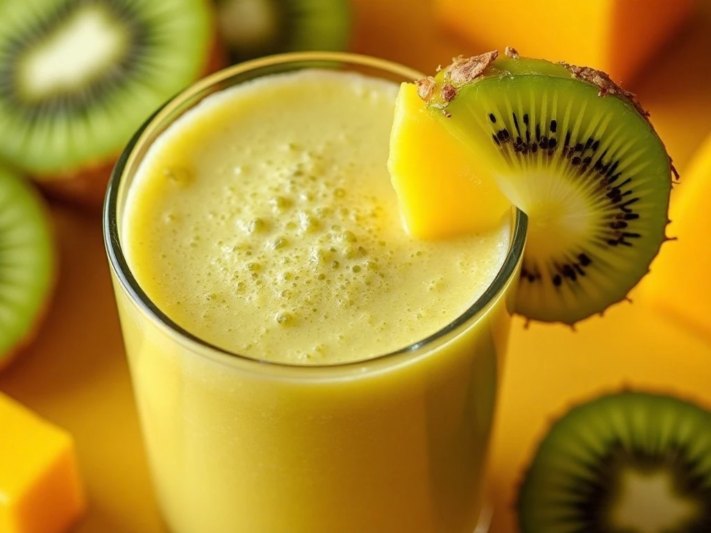 Kiwi and pineapple garnish on a tropical smoothie