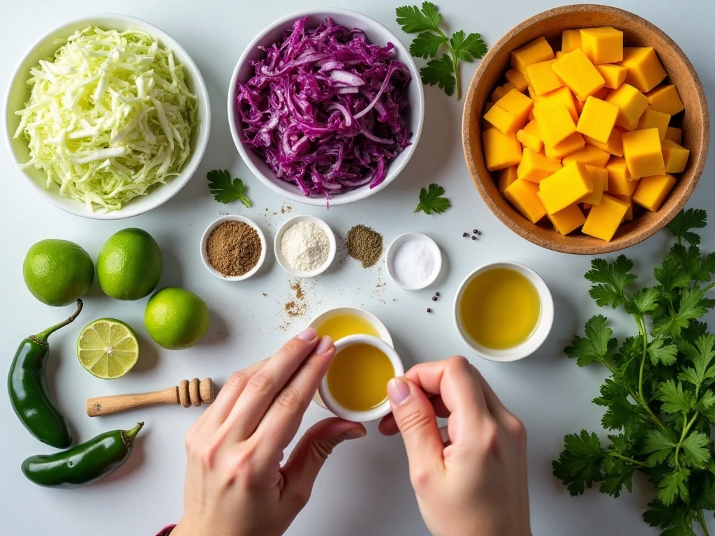 Ingredients for mango slaw and lime dressing