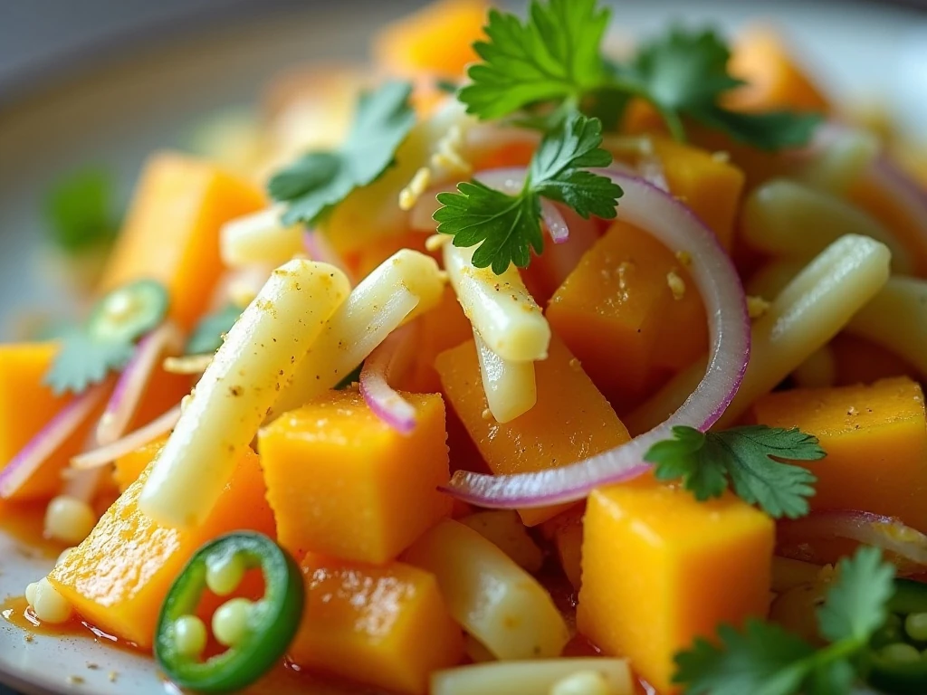 Close-up of crisp mango slaw ingredients