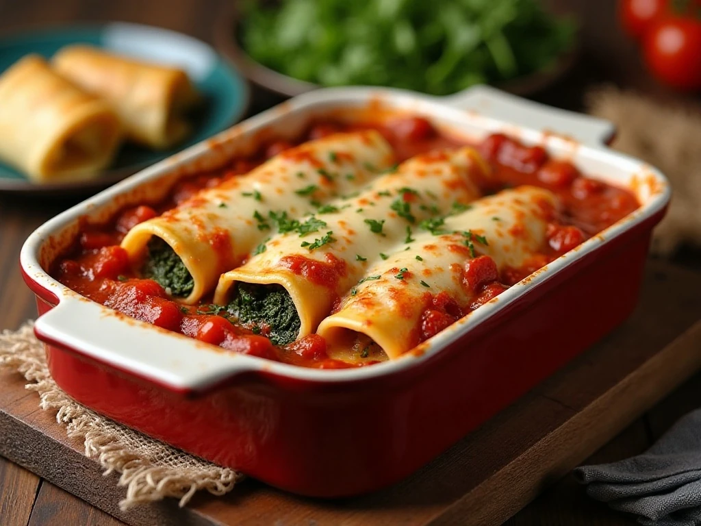 Baked spinach manicotti served with marinara sauce and a side salad