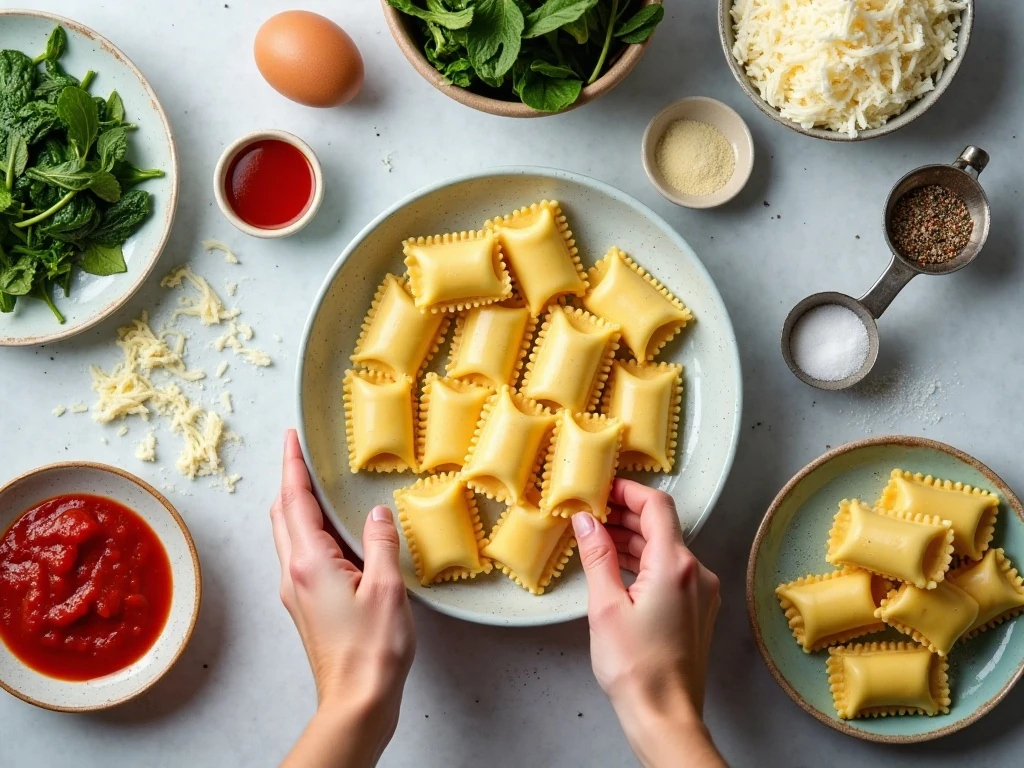 Ingredients for spinach manicotti arranged for cooking