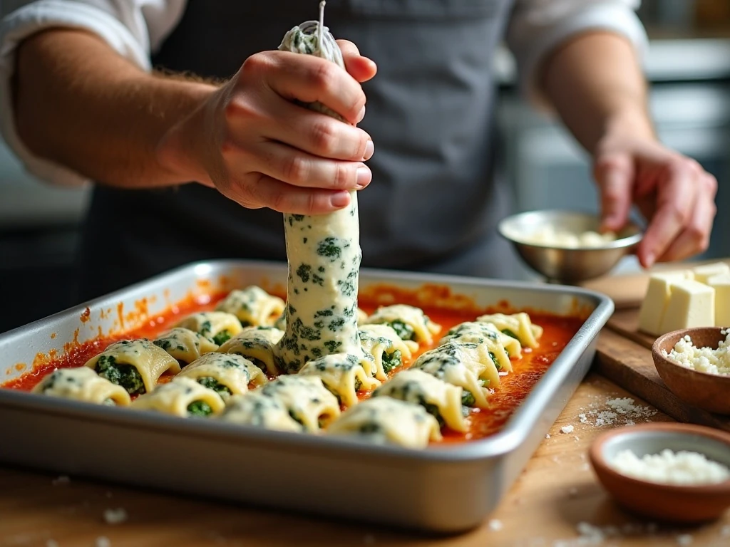 Filling manicotti shells with spinach ricotta mixture