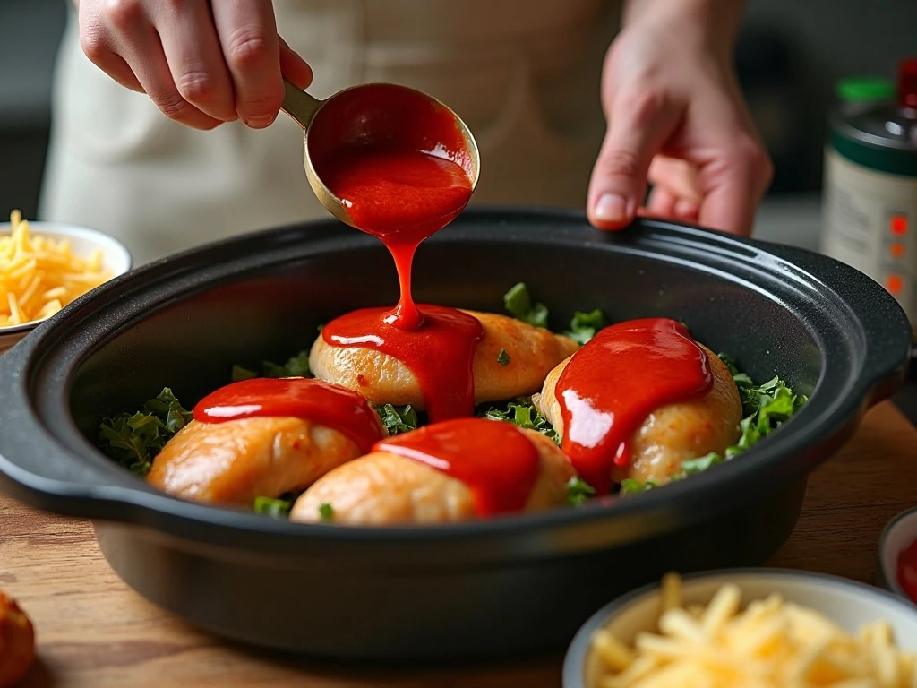 Chicken breasts covered with Manwich sauce in a slow cooker