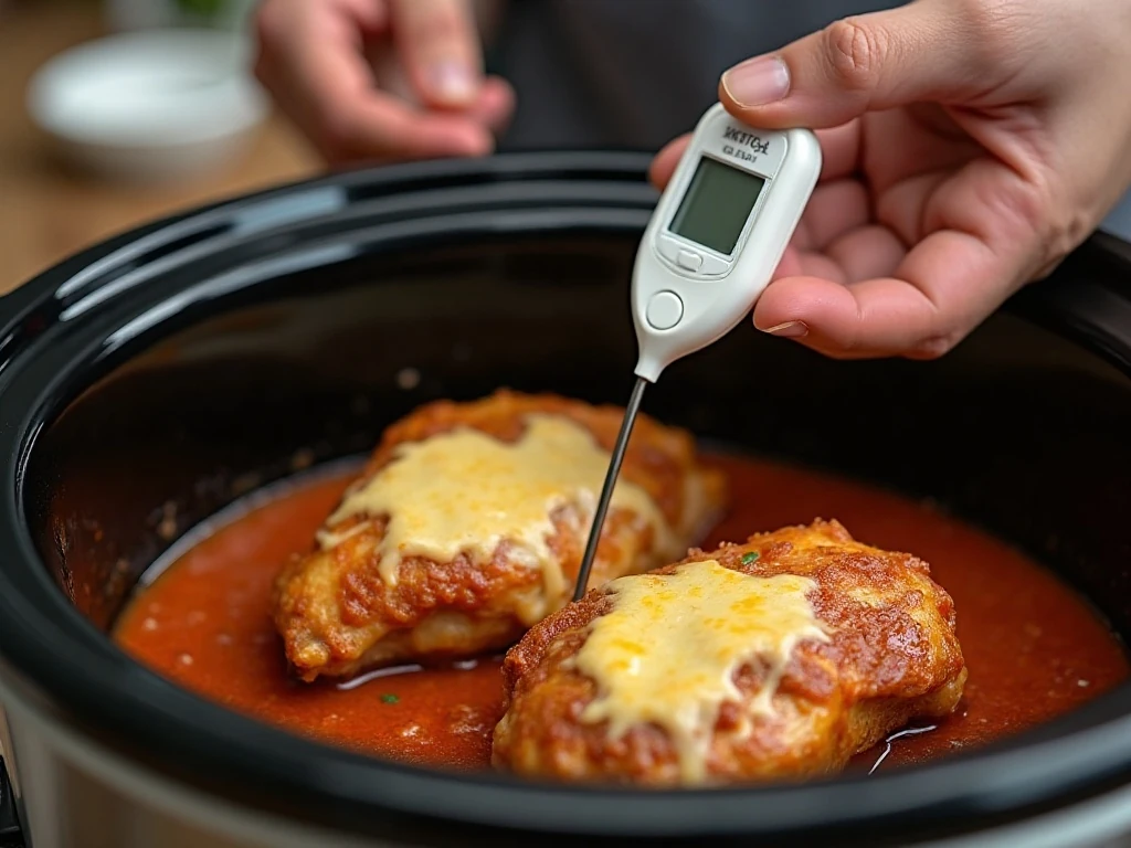 Checking Manwich chicken temperature with an instant-read thermometer