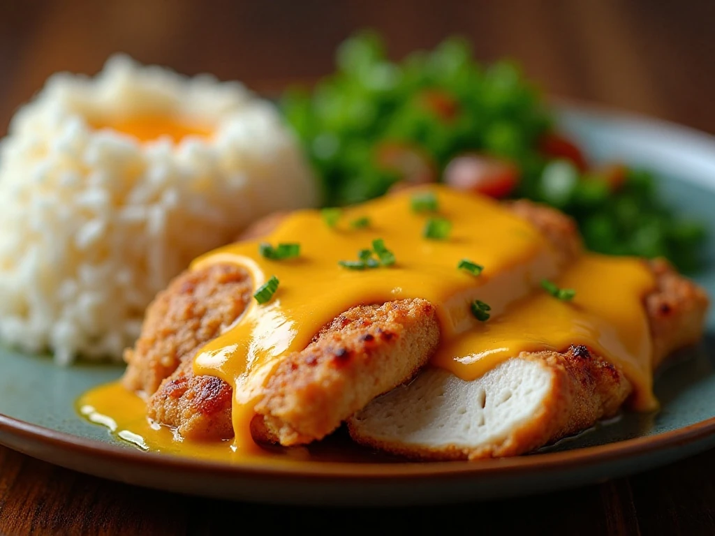 Sliced Manwich chicken served with rice and vegetables