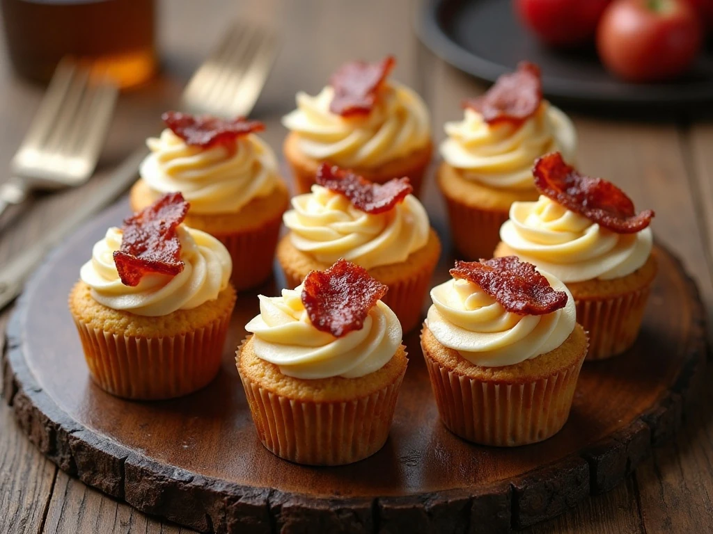 Maple bacon cupcakes arranged on a dessert table with maple buttercream