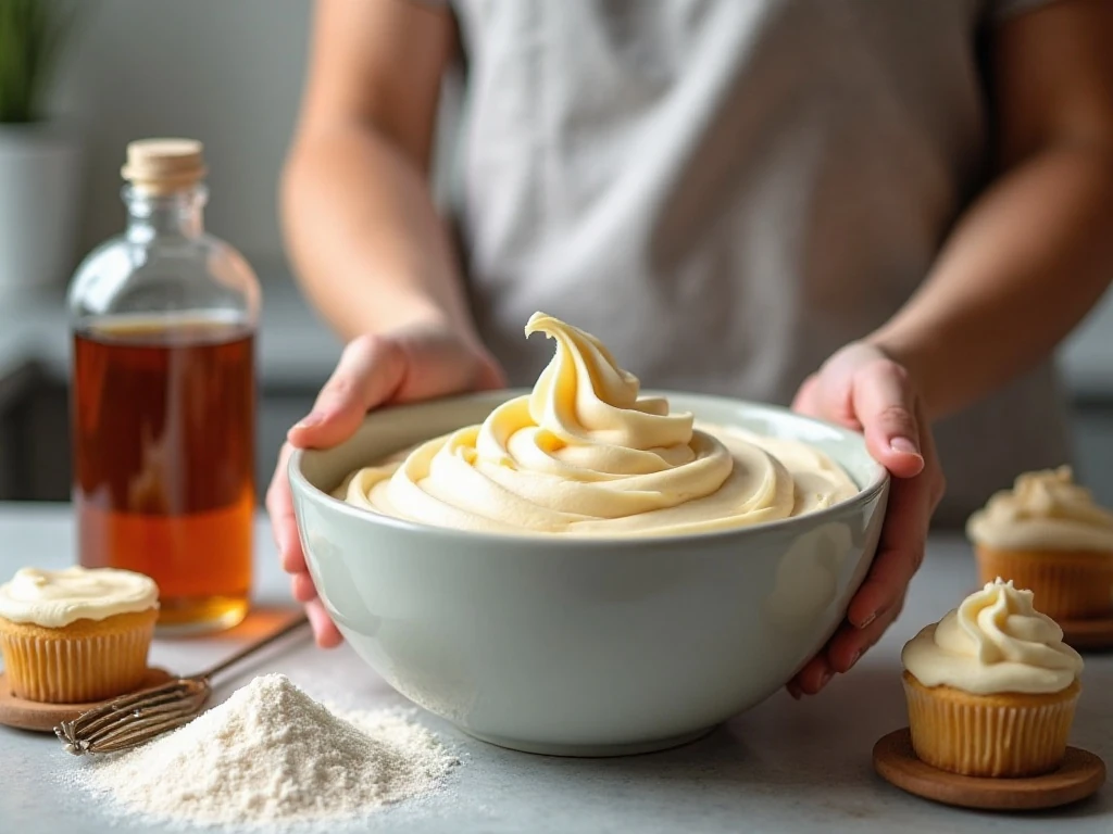 Smooth maple buttercream being prepared with pure maple syrup