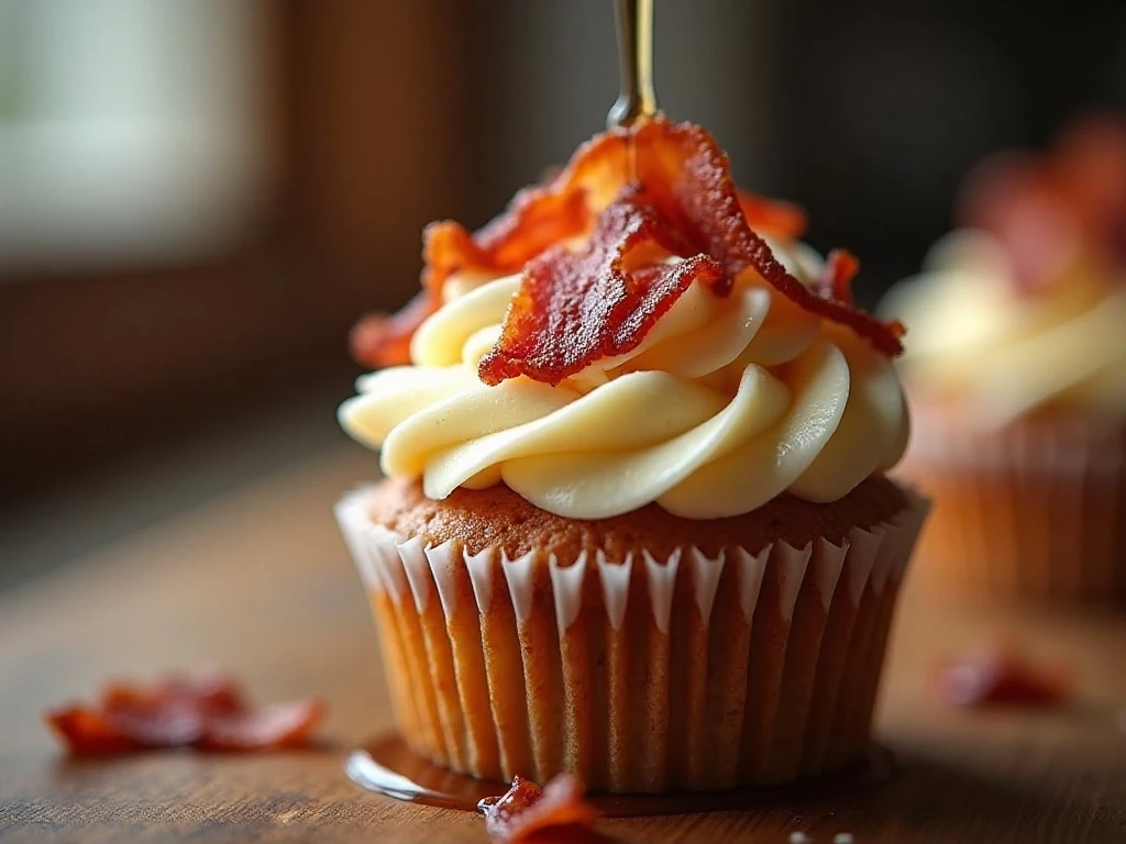 Close-up of maple bacon cupcake garnish with crisp bacon and maple drizzle
