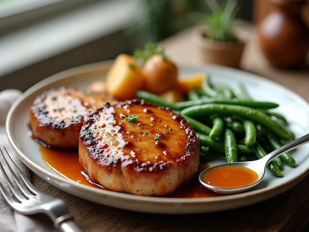 Maple glazed baked pork chops served with roasted potatoes and green beans