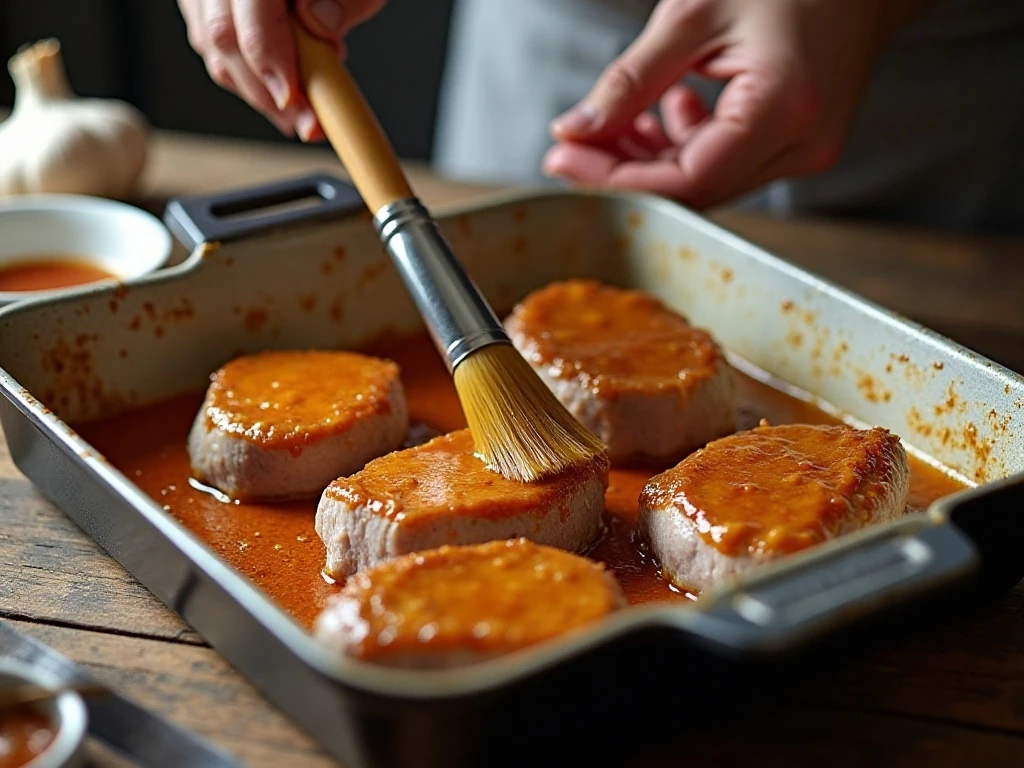 Pork chops being coated with maple Dijon glaze before baking
