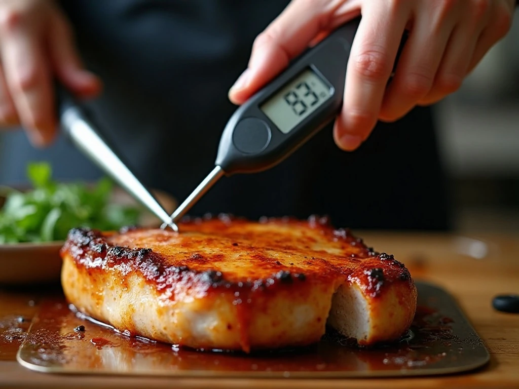 Checking baked pork chops with an instant-read thermometer