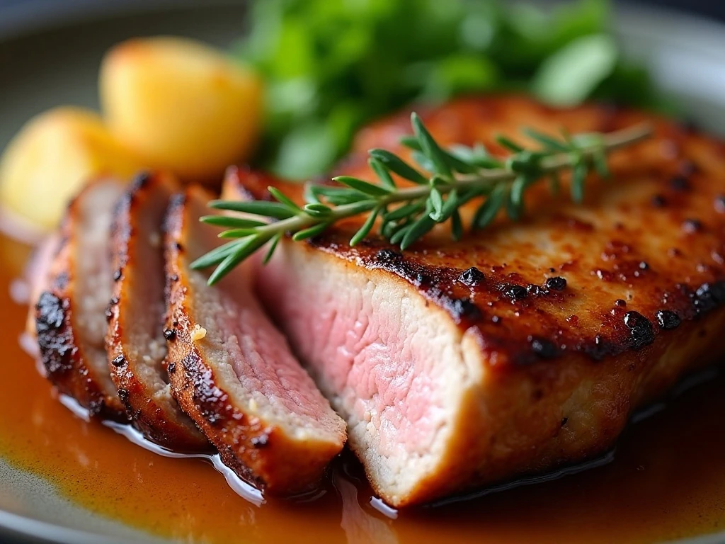 Close-up of maple glazed pork chop with herbs and side dishes