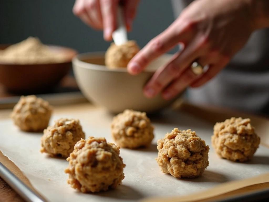 Rounded oatmeal cookie dough portions on a baking sheet