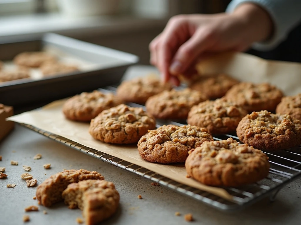 Freshly baked oatmeal cookies cooling on a wire rack