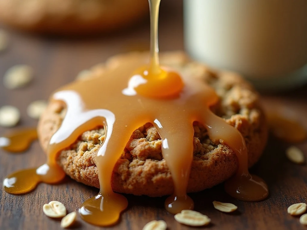 Maple glaze drizzled over an oatmeal cookie