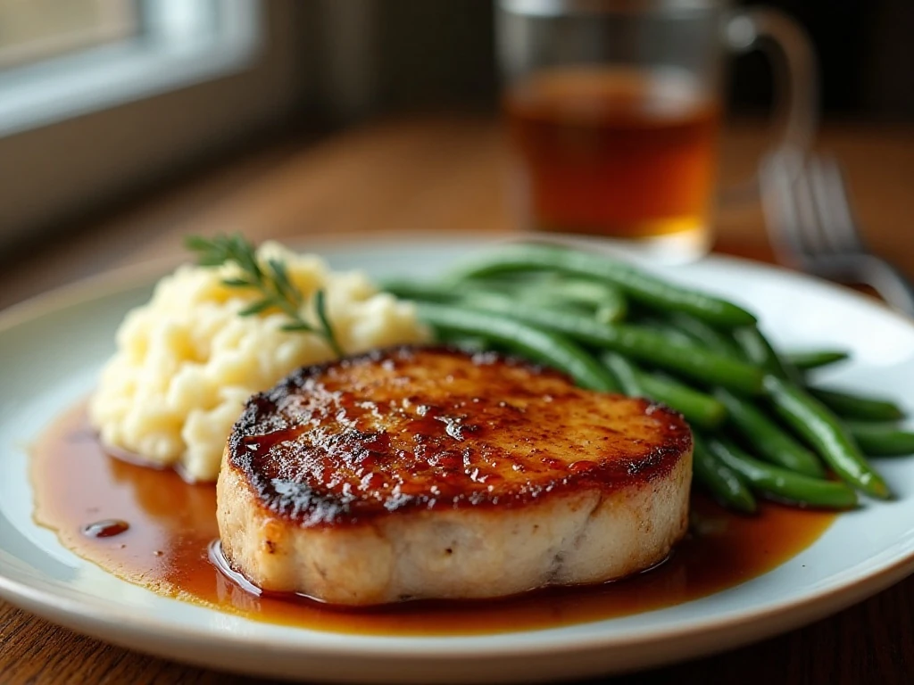 Maple glazed pork chop dinner with mashed potatoes and green beans