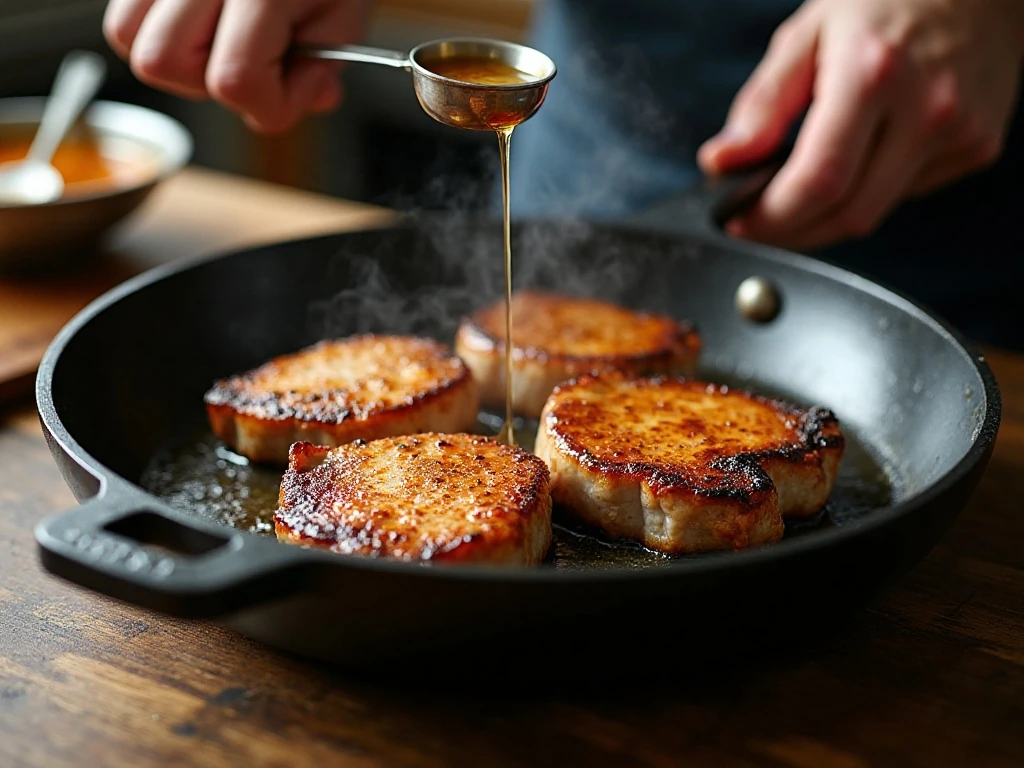 Pork chops searing before maple glaze is added