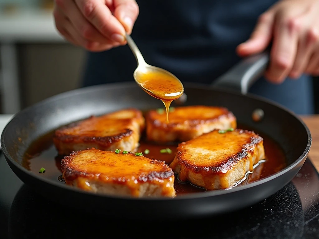 Basting pork chops with maple glaze in a skillet