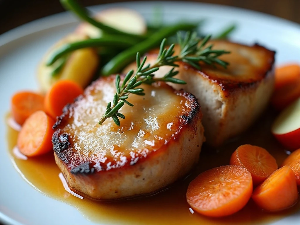 Sliced maple glazed pork chop with vegetables and thyme