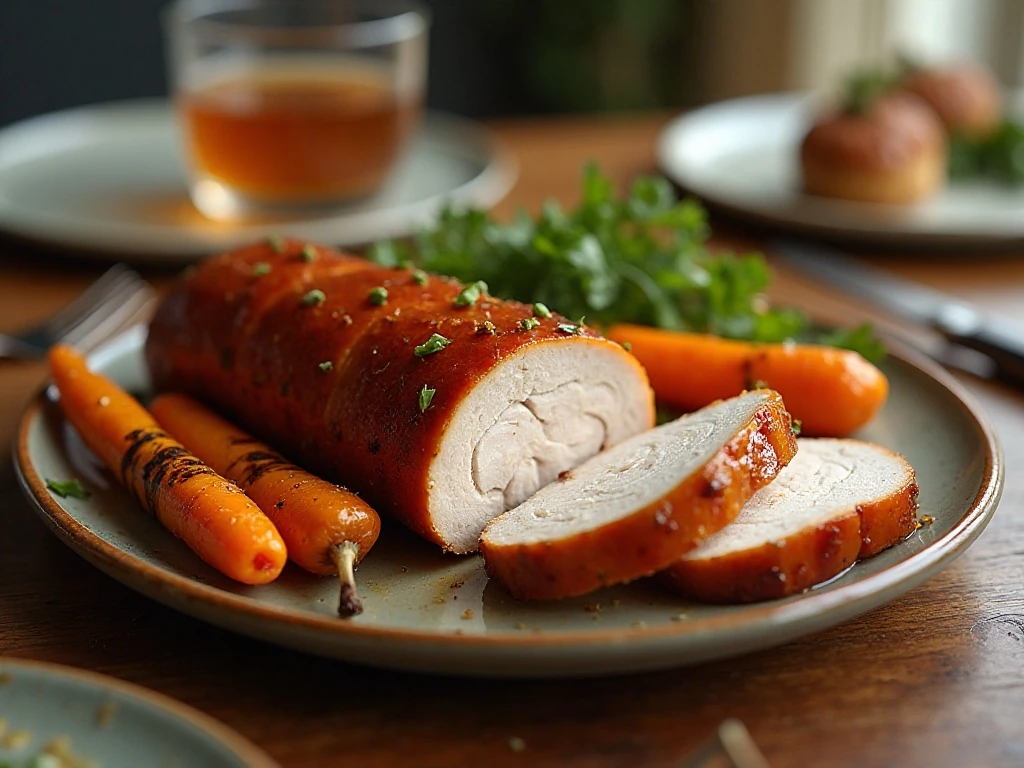 Sliced maple glazed pork loin served with roasted vegetables