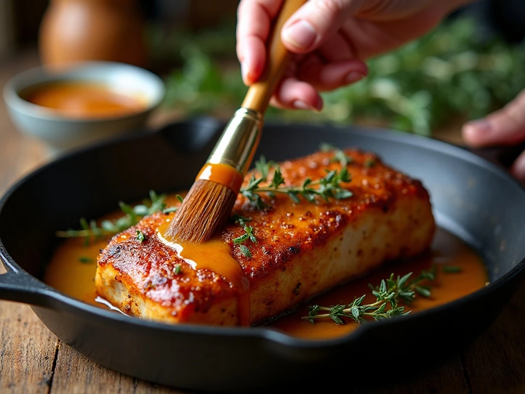 Brushing maple glaze onto pork loin before roasting