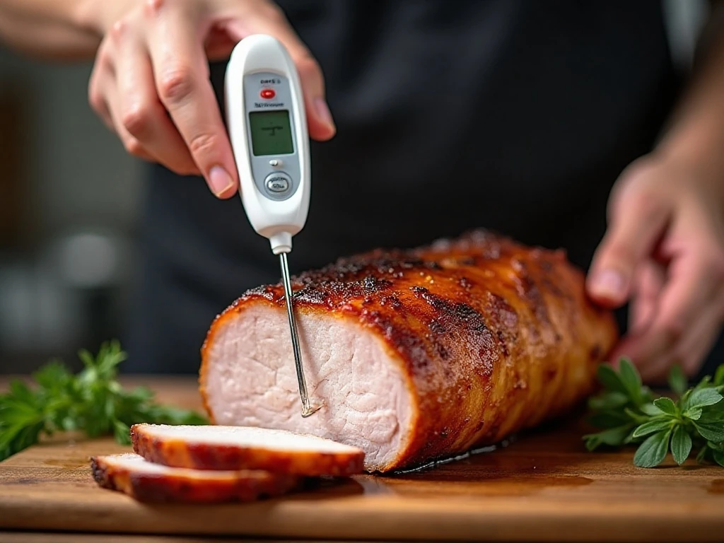 Checking the internal temperature of roasted pork loin