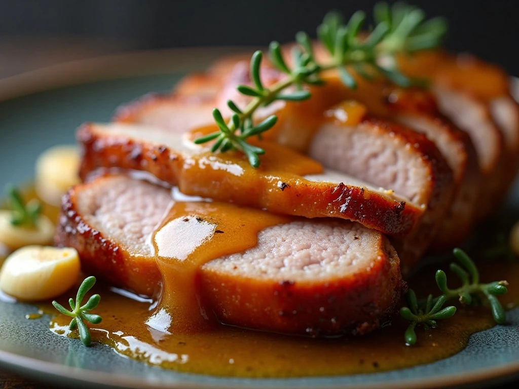 Close-up of glossy maple glaze and thyme on pork loin