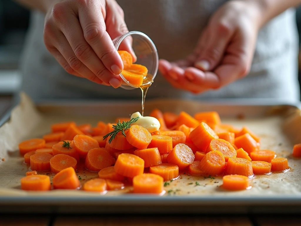 Tossing carrots with maple syrup and seasoning before roasting
