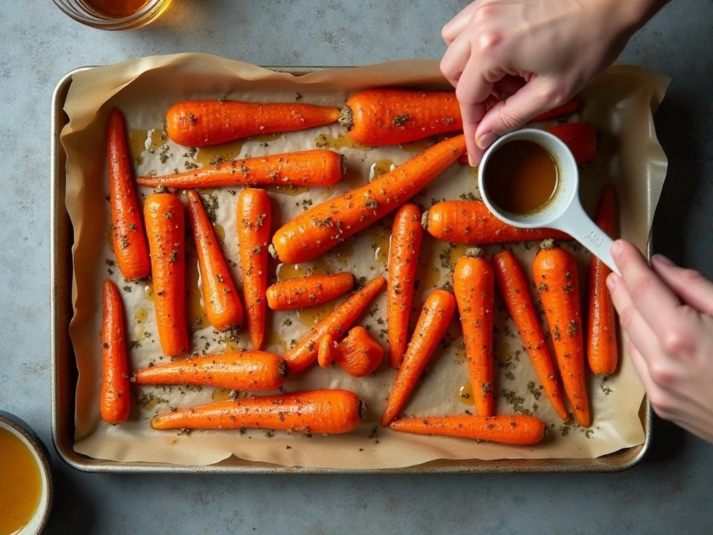 Carrots spaced on a sheet pan for even roasting