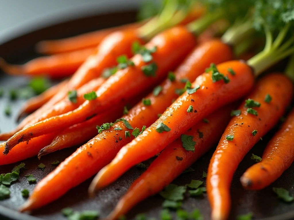 Close-up of maple roasted carrots with parsley and thyme