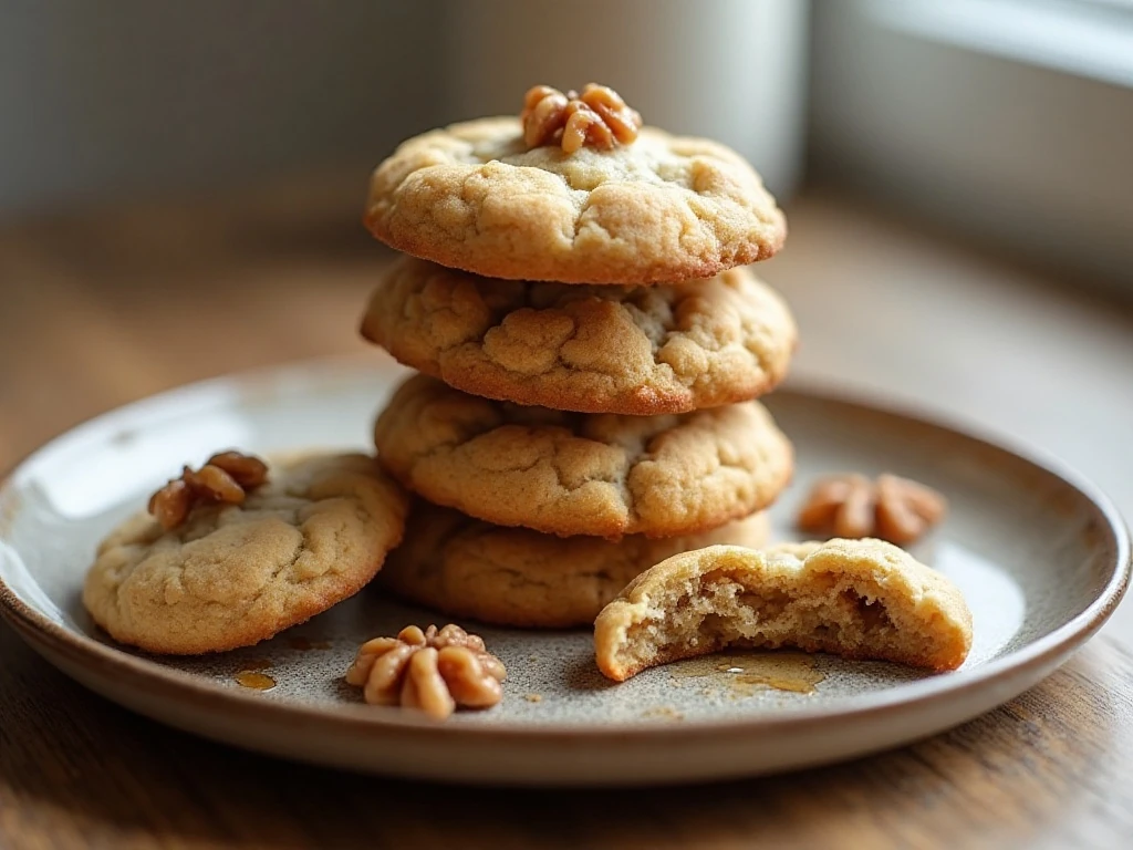 Stack of soft maple walnut cookies with golden edges