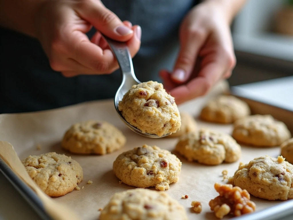 Portioning maple walnut cookie dough onto a baking sheet