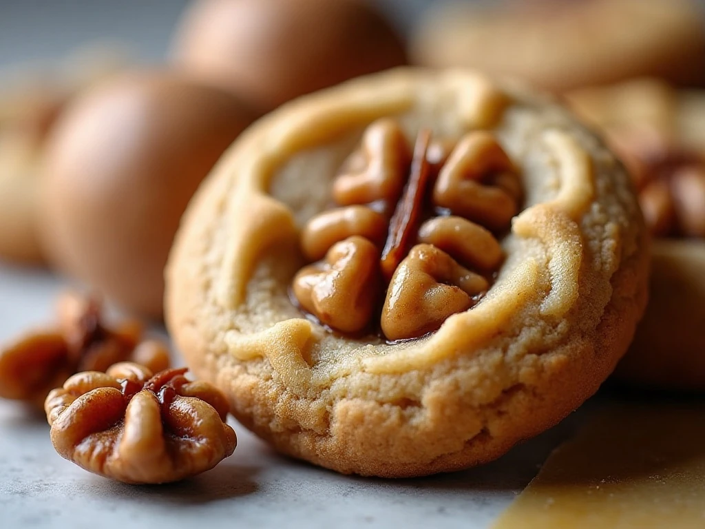 Close-up of toasted walnuts in a maple cookie